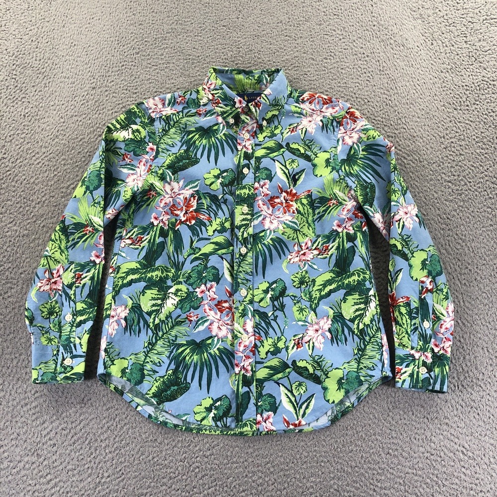 Polo Ralph Lauren Shirt Boys Medium 10-12 Blue Floral Twill Long Sleeve Button